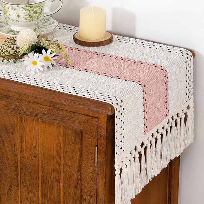 Socomi Boho Table Runner Valentine's Day Farmhouse Rustic Dining Kitchen Centerpiece Decor Small Macrame Woven Cotton Linen Coffee Table Runner for Dresser Scarf Home Decor 12x72 inPink Ivory