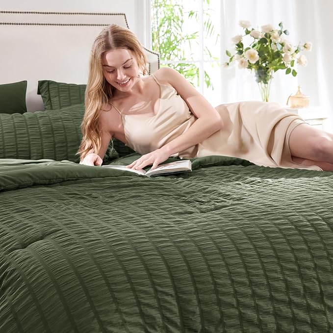 CozyLux Twin Comforter Set with Sheets 5 Pieces, Olive Green Seersucker Textured Bed in a Bag, Luxury Soft Bedding Set with Down Alternative Comforter, Sheets, Pillowcases & Shams for All Seasons