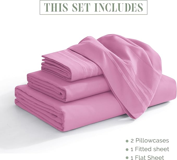 Elegant Comfort Luxurious 1500 Premium Hotel Quality Microfiber Three Line Embroidered Softest 4-Piece Bed Sheet Set, Wrinkle and Fade Resistant, Twin/Twin XL, Light Pink