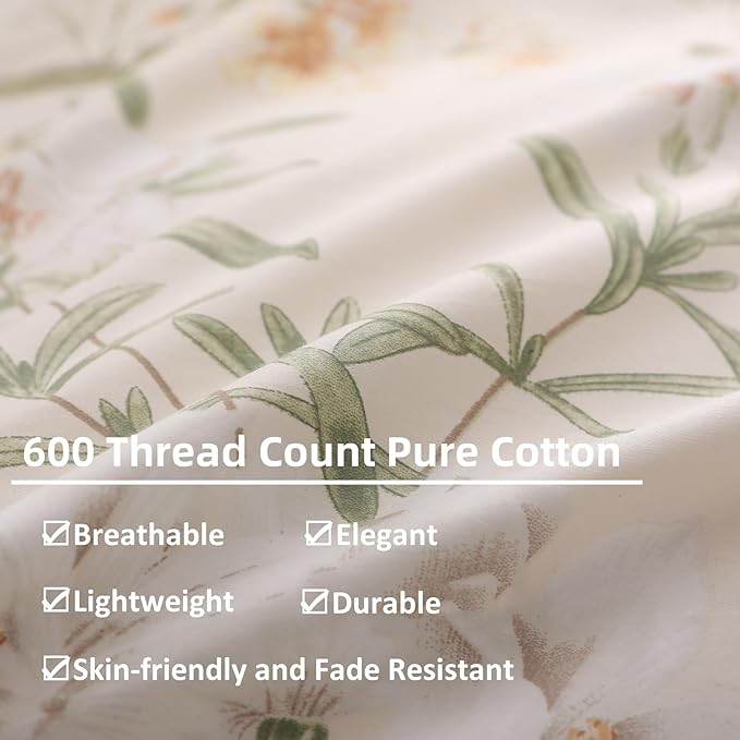 OAITE Duvet Cover Set Queen Size Floral Pattern 600 Thread Count Ultra Soft 100% Long Staple Cotton Duvet Cover Sets 3-PC, Breathable Duvet Cover with Zipper Closure & Corner Ties
