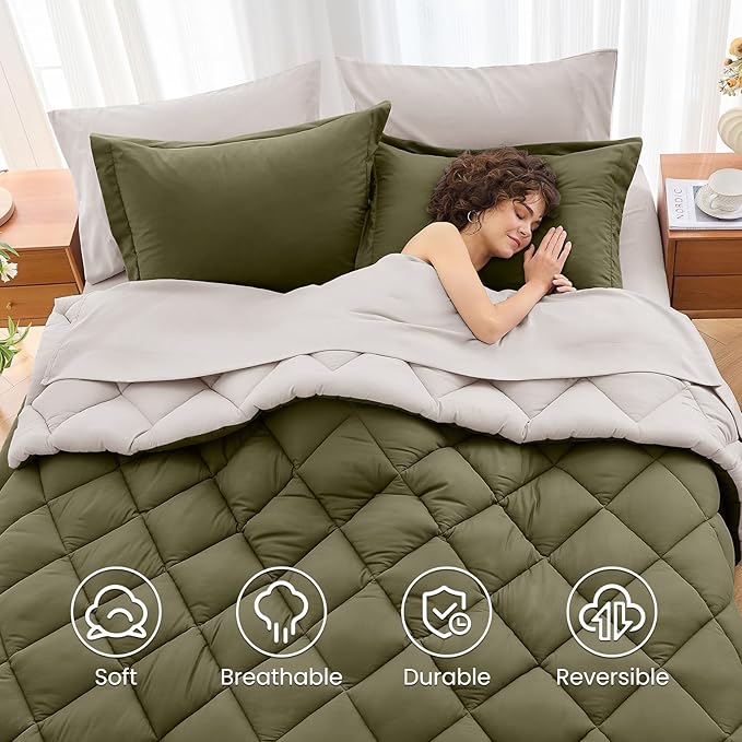 MUXHOMO 7 Pieces Full Comforter Set, Reversible Bed in a Bag Full Size, All Season Bedding Set with Comforter, Flat Sheet, Fitted Sheet, Pillowcases & Shams, Olive Green & Beige