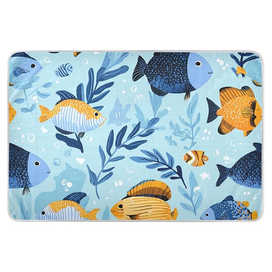 Waterproof Bed Pad Reusable Changing Pad Toddler Mattress Protector Large Pee Pad Baby Diaper Pad Soft Washable Liner Light Blue Fish Seaweed and Bubbles