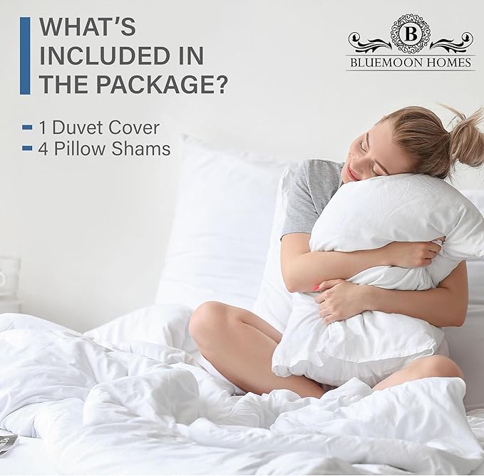 Bluemoon Homes 1000 Thread Count 100% Egyptian Cotton Oversized King Duvet Cover for Comforter Solid Pattern - 5 PC White Duvet Set Include - 1 Quilt Cover and 4 Pillow Shams