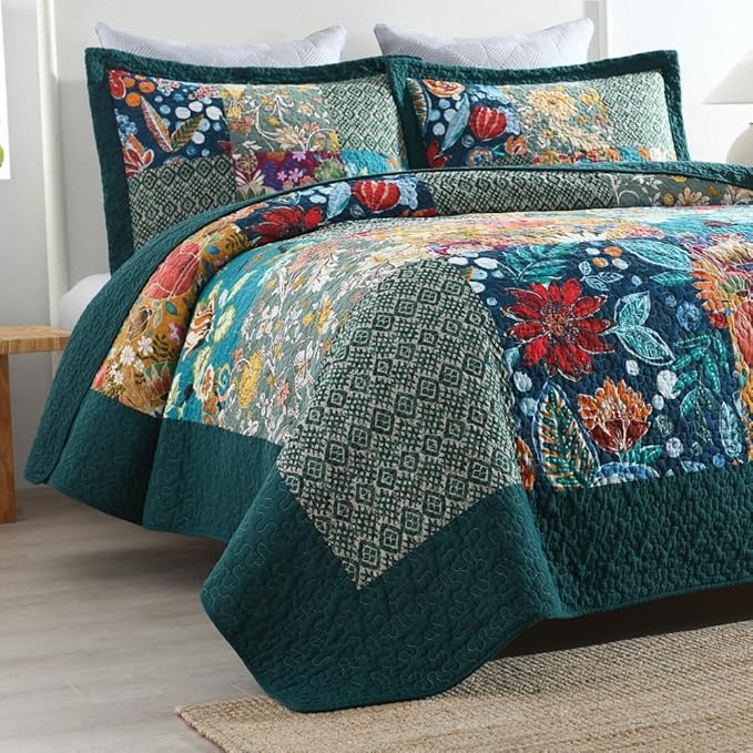 Autumn Dream Cotton Bedspread Quilt Sets Reversible Bedding Coverlet Sets Comforter, Vintage Floral Patchwork Turquoise Bedspread, King Size | Breathable material, Reversible, Soft durable, Handmade patchwork, Machine waschable, Jacquard stitching