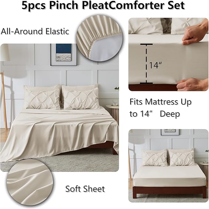 Twin Comforter Set Beige, 5 Pieces Pintuck Bed in A Bag Twin Size Bedding, Soft Bed Set All Season Pinch Pleat Comforter Set with Sheets, Pillowcase & Sham