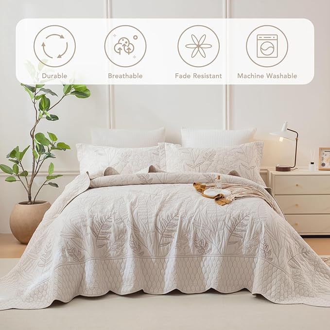 Lady Ann Oversized King Quilt Set 128x120, 3Pcs Botanical Leaves Print Bedspread Sets, Soft Lightweight Extra Large Wheat Coverlet, All-Season Bedding Comforter