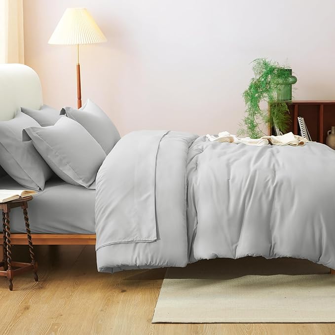 CozyLux Full Size Comforter Set Light Grey, 7 Pieces Bed in a Bag Full Comforter Set with Sheets, Bedding Set with Down Alternative Comforter, Fitted Sheet, Flat Sheet, Pillow Shams and Pillowcases