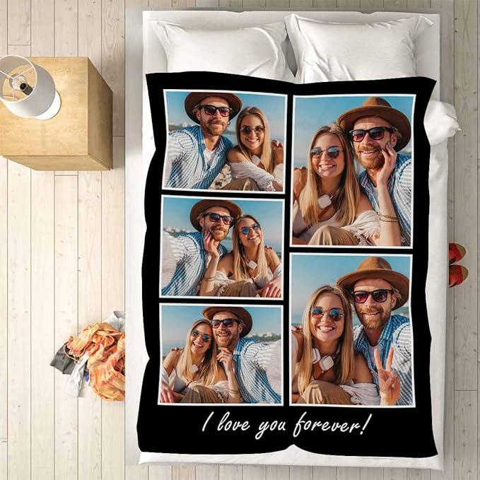 Personalized Picture Collage Blanket, 5 Photos Custom Blanket Personalized Photo Blanket Customized Couple Gifts for Girlfriend Boyfriend Wife Husband, 8 Sizes