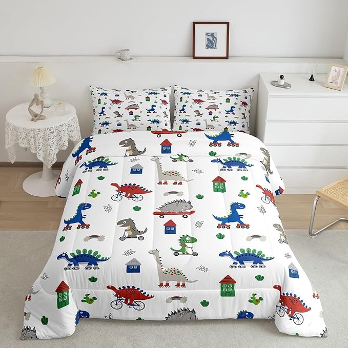 Feelyou Kids Cartoon Dino Comforter Set Twin Size, Blue Green Dinosaur Bedding Set Boys Girls Kawaii Comforter Jungle Dino Duvet Insert 2Pcs