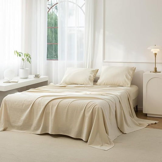 JIYUAN 100% Washed Cotton Sheet Set 4 Pieces Full,1 Fitted Sheet,1 Flat Sheet and 2 Pillowcases,Comfy and Breathable Linen Like Bedding Set,Heathered Beige
