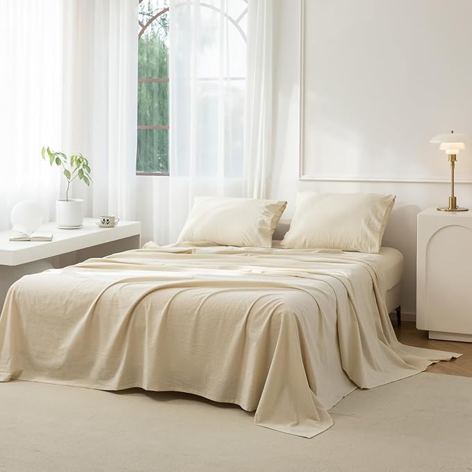 JIYUAN 100% Washed Cotton Sheet Set 4 Pieces Queen,1 Fitted Sheet,1 Flat Sheet and 2 Pillowcases,Comfy and Breathable Linen Like Bedding Set,Heathered Beige