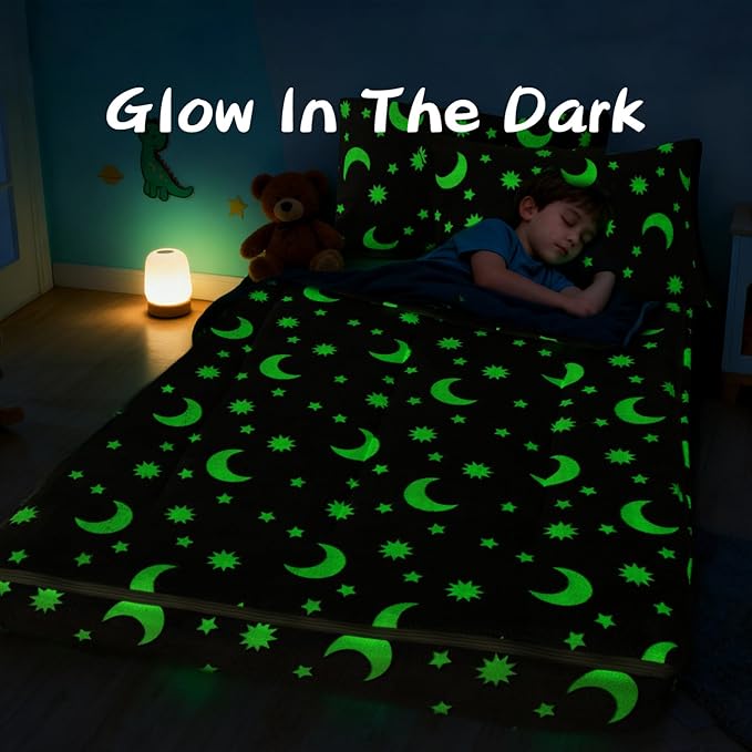 A Nice Night Star Moon Plush Zippered Comforter Set Zipper Bedding Glow in The Dark for Child, Twin,Grey