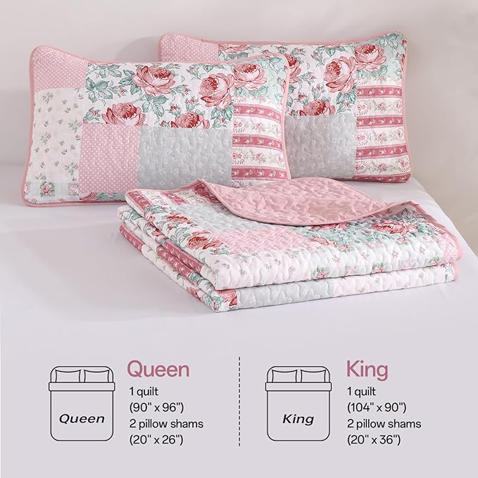 Patchwork Quilt Set King Size, Pink Floral Plaid Bedspread Coverlet Set Boho Rustic Quilt Bed Cover, 3 Piece Soft Microfiber Reversible Pink Grey Bedding Set for Women Girls