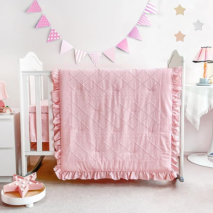 Wowelife Boho Mini Crib Bedding Set for Girls, 3 Piece Tufted Jacquard Ruffle Fringe Baby Girl Crib Bedding Set Newborn, Infant & Nursery with Comforter, Crib Fitted Sheet and Crib Skirt, Pink