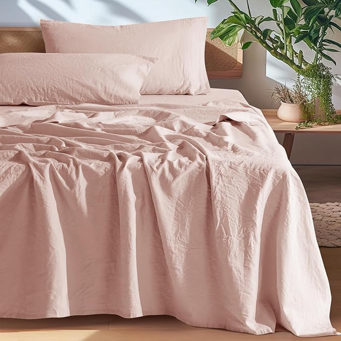 SONORO KATE 100% French Pure Linen Sheets, Breathable and Durable Linen Queen Size Sheets, Anti-Tear Linen Bed Sheets, Machine Washable, 16 Inch Deep Pocket - 4 Piece (Pink)