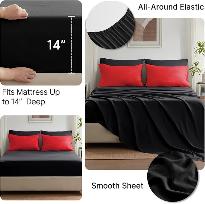 Anluoer Queen Comforter Set 7 Piece, Reversible Bed in a Bag Queen Size, Lightweight Bedding Set with 1 Comforter(88"*88"), 2 Pillow Shams, 2 Pillowcases, 1 Flat Sheet, 1 Fitted Sheet, Red & Black