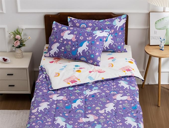 Meeting Story 3pcs Kids Comforter Sets Zipper Bedding Set for Girls,Twin Kid Bedding Set Rainbow Comforter Unicorn Bedding for Kid,All in one Zipper Bedding(Purple,Twin)