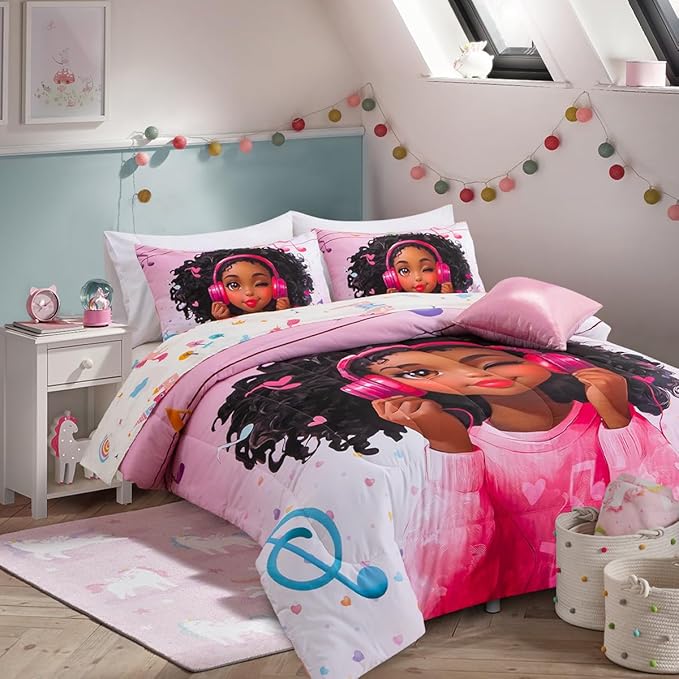 A Nice Night Pink Comforter Sets, Girl Winking Listening Music Printed, 6Pcs Bed in A Bag Twin Size All Seasons Bedding Set,for Kids, Girls