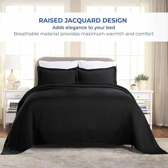 Superior 3 Piece Basketweave Cotton Bedspread Set, Home Bed Decor, Decorative Bed Spread, 2 Pillow Shams, Medium Weight Blanket, Matelasse Coverlet Bedding, Geometric Lattice Pattern, Full, Black
