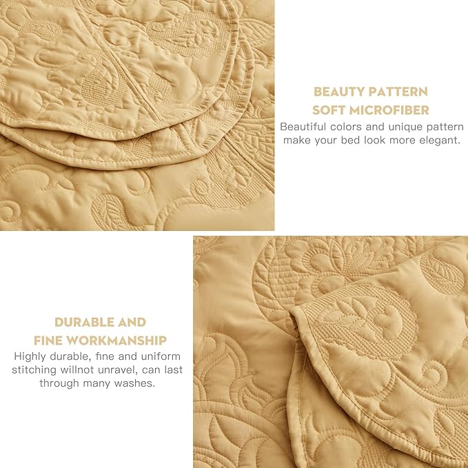 HZ & HY Oversized King Bedspread 128x120 Extra Wide, Quilted Coverlet Bedding Set, Lightweight Thin Comforter, Reversible, Luxurious, 5 Piece, 100% Microfiber, Honey Gold