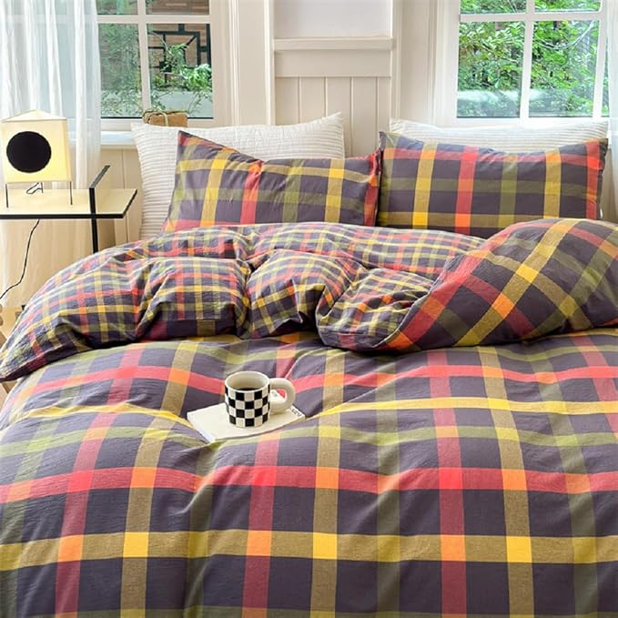 LifeTB Twin XL Comforter Set Modern Style Plaid Checkered Pattern Comforter with 2 Pillowcases Gingham Bedding Comforter Set Multicolor Grid Bed Comforter Fluffy Lightweight Bedding Set Twin XL