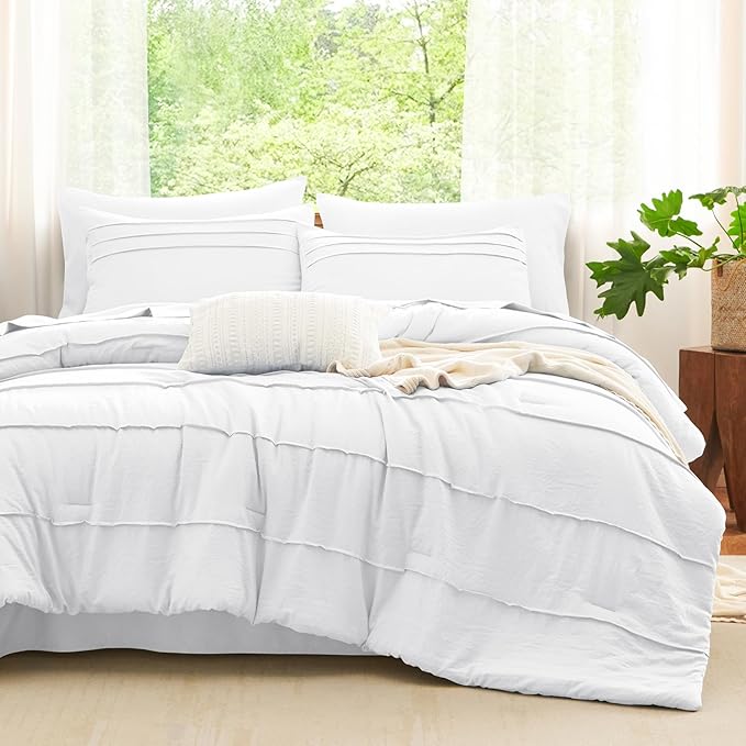 CozyLux Full Size Comforter Sets White, 7 Pieces Soft Pinch Pleat Bed in a Bag Full Comforter Set with Sheets, Boho Bed Set with Down Alternative Comforter, Sheets, Pillowcases & Shams
