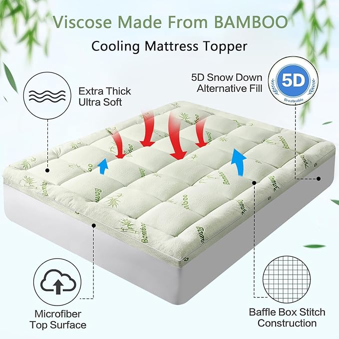PATSBA Premium Viscose Made from Bamboo RV King Size Mattress Topper for Back Pain, Quilted Fitted Extra Thick Mattress Pad,Pillow Top Mattress Cover with Deep Pocket Up to 21 Inches（72 * 80inch）