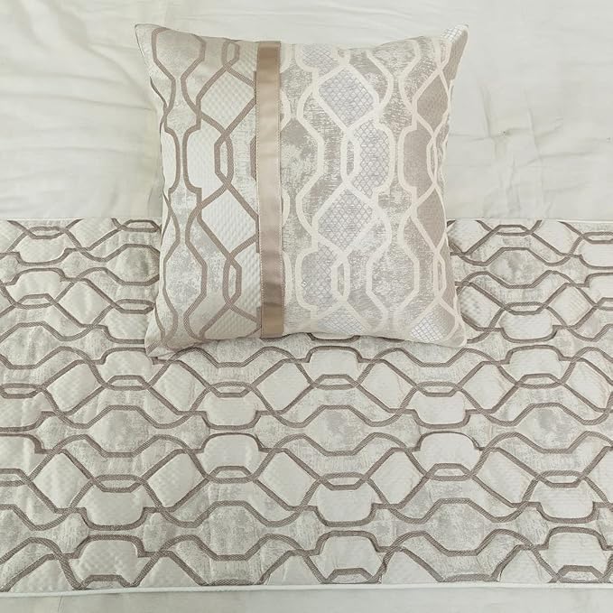 The HomeCentric King/Queen/Twin Ivory & Silver Decorative CA King 86"x18" Bed Runner with Pillow Cover, Lattice & Quilted Bed Scarf on Jacquard Silk Fabric - Ivory Delicacy