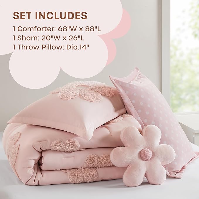 Intelligent Design Kids Twin Comforter Set for Girls, Tufted Chenille Floral Comforter Set Twin, Lightweight Polka Dot Comforter Reversible Bed Set, Sham, Pillow, Gracie, Twin Pink 3 Piece