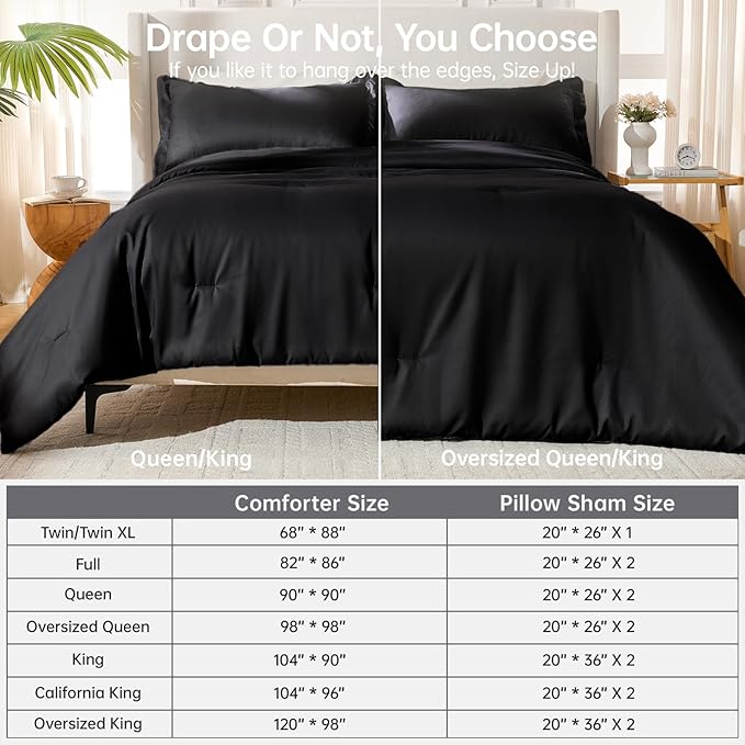 MUXHOMO Black King Size Comforter Set, All Season Ultra Soft Down Alternative Bedding - 3 Piece Lightweight Bed Set Includes 1 Comforter (104"x90") and 2 Pillow Shams (20"x36")
