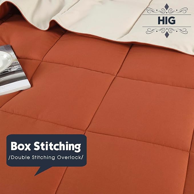 HIG 3pc Burnt Orange Twin/Twin XL Comforter Set - All Season Reversible Down Alternative Comforter with Sham - Quilted Duvet Insert with Corner Tabs - Box Stitched - Breathable, Soft, Fluffy