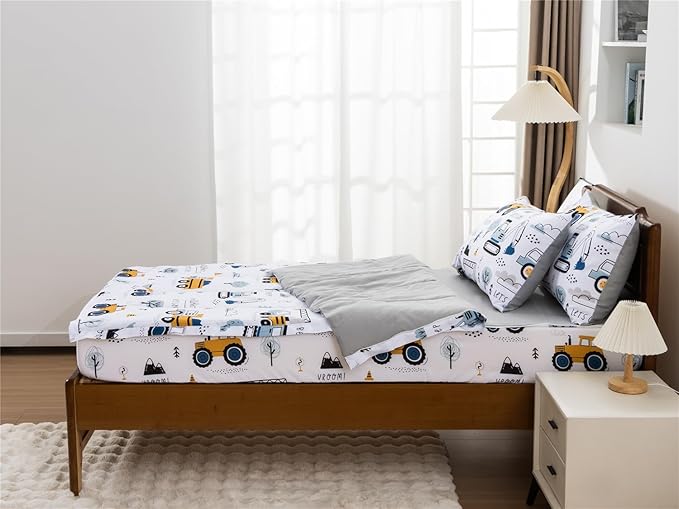 NTBED Construction Truck Printed Zipper Bedding Sets Full Lightweight Microfiber Forest Car Comforter Sets with Fitted Sheet Pillow Covers,White Grey