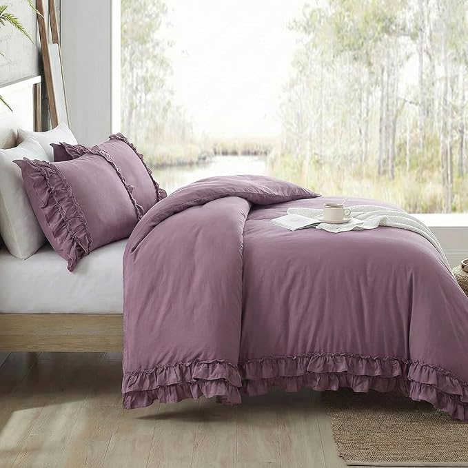 Bedorm Twin Duvet Cover Set Purple Ruffle Bedding Set Pleat Ruffled Shabby Chic Comforter Cover Extra Soft & Easy Care Farmhouse Boho Duvet Cover with Zipper Closure