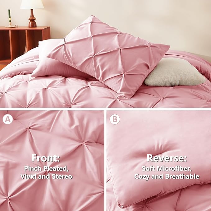 Queen Comforter Set Pink, 7 Pieces Pintuck Bed in A Bag Queen Size Bedding, Soft Bed Set All Season Pinch Pleat Comforter Set with Sheets, Pillowcases & Shams