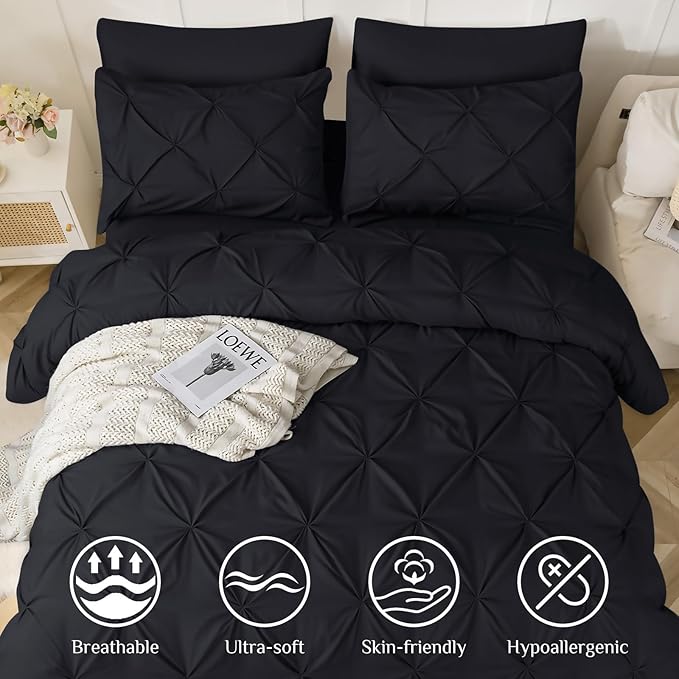 JOLLYVOGUE California King Comforter Set 7 Pieces - Bed in a Bag Cal King for All Season, Pintuck Bedding Comforter Sets with Comforter, Flat Sheet, Fitted Sheet and Pillowcases & Shams, Black