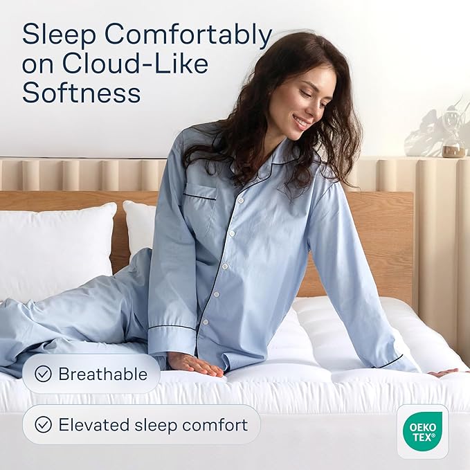 Cloud-Like Twin Mattress Topper - 100% Cotton Top Mattress Pad for Back Pain Relief - Breathable & Naturally Cooling for Hot Sleepers, White