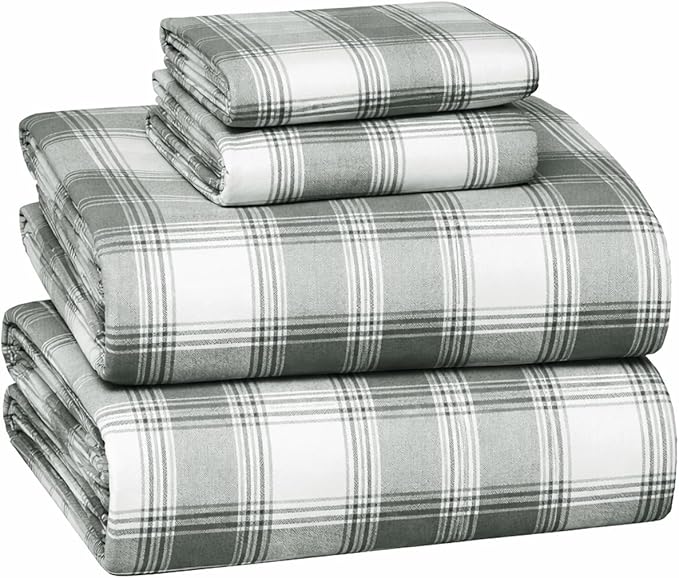Briarwood Home® Printed Flannel Sheet Set, 100% Natural Cotton, Soft, Warm & Deep Pocket, Advanced Nano-Tech Making it Resistance to Pilling; Brushed 6 Times for Softness (Grey Plaid, Queen)