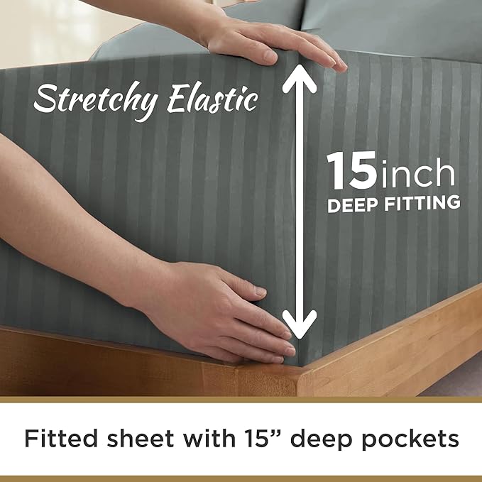 Twin XL 100% Microfiber Double Brushed Sheet Set - Extra-Soft & Wrinkle-Free - 15" Deep Pockets, 39" x 80" - Ideal for Dorms, Hospitals & Split King Beds - 3 PC Set (Twin XL, Damask Grey Stripe)