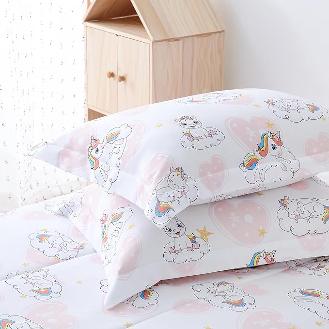 Yibeizi Full Size Bed Comforter Set, Kids Unicorn Pattern Lightweight All-Season Comforter Set Cute Pink Heart Microfiber Breathable Hypoallergenic Soft Oeko-Tex Bedding Comforter Sets