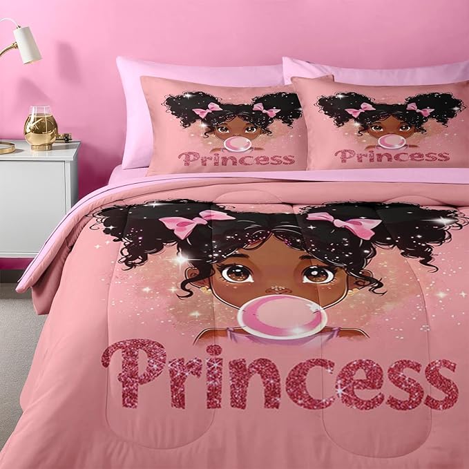 Nesker 5 Pcs Comforter Set Twin Size, African American Princess Bubbles Bedding for Kids Teen, Pink Black Girl Bed Sheet with Pillowcase & Sham