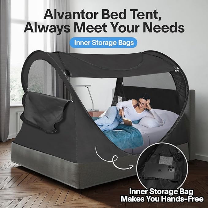 Alvantor® Pop Up Bed Tent Queen No Assembly, Queen Size Bed Canopy Blackout and Breathable Mesh Sleeping Tent Lightweight Portable Dream Tent with Carry Bag Dream Tent for Kids and Adults- Black