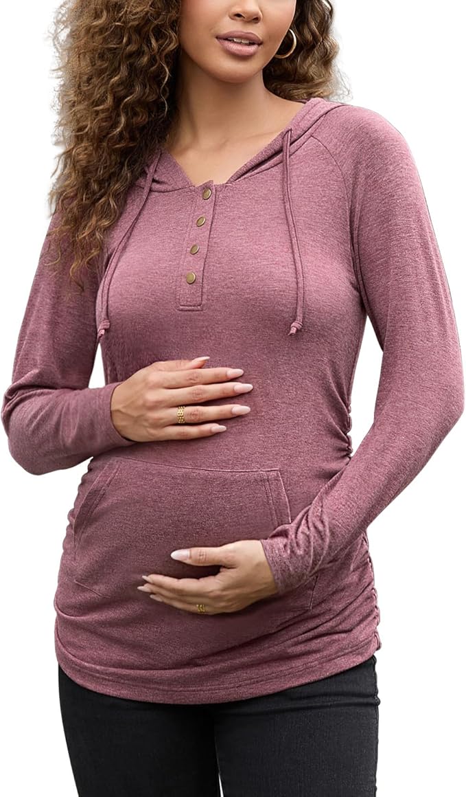 Bhome Maternity Hoodies Button Front Drawstring Hooded Shirt Long Sleeve Pullover Lightweight Sweatshirt with Kangaroo Pocket