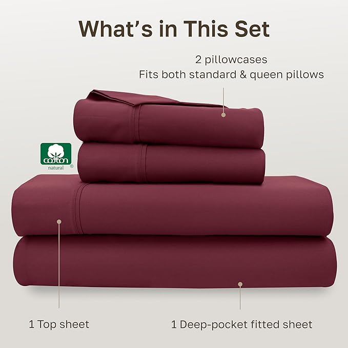 California Design Den Natural 100% Cotton Sheets, Soft Queen Sheet Set, 400 Thread Count Sateen, Deep Pockets with All-Around Elastic for a Snug Fit, Durable Bedding Set - Burgundy Red