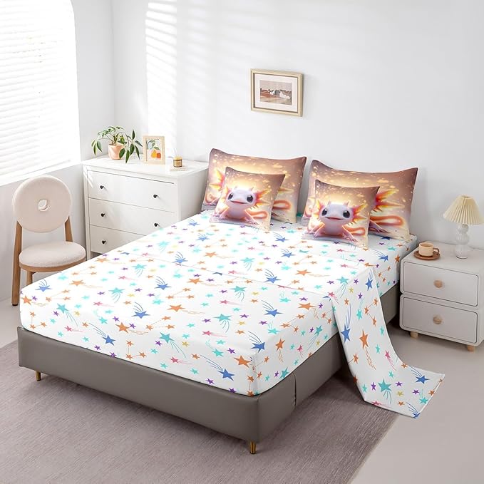 Feelyou Kids Cute Axolotl Comforter Set with Sheets Full Size, Cartoon Salamander 7 Pieces Bedding Set Boys Girls Kawaii Animal Bed in A Bag Ocean Sealife Teens Bed Set Bedroom Decor 7Pcs