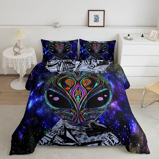 Feelyou Alien Printed Comforter Kids Galaxy Outer Space Themed Bedding Set Boys Girls Trippy Alien Hippie Skull Decor Comforter Set Colorful Tie Dye Quilted Duvet Bedroom Bed Set Twin Size…