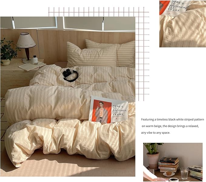 mixinni Retro Striped Duvet Cover Set Queen Size - 100% Washed Cotton Beige Duvet Cover with Black White Stripes, Soft Breathable 3 Piece Comforter Cover with Zipper Closure & Corner Ties
