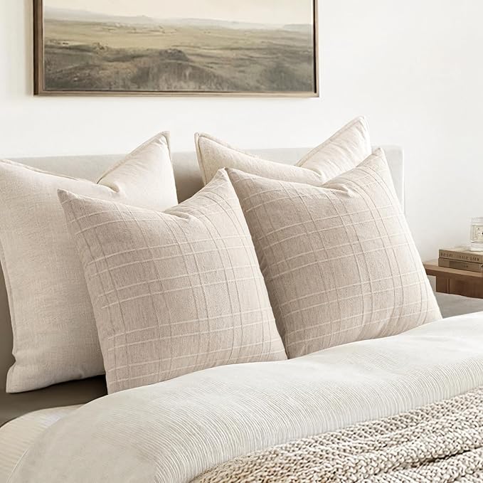 MIULEE Decorative Linen Check Euro Shams Throw Pillow Covers Neutral Farmhouse Vintage Pillow Covers 24x24 Set of 2 Boho Modern Home Decor for Sofa Couch Bedroom Cushion Natural Beige