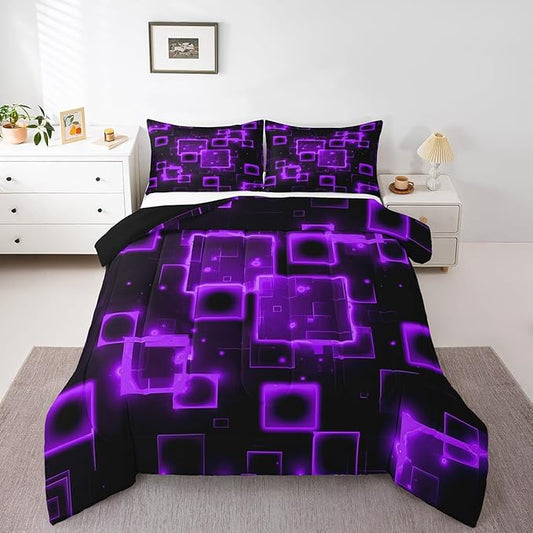 Feelyou Kids Geometric Purple Black Bedding Set Full Size, Geometrics Comforter Set Light Honeycomb Comforter for Kids Boys Girls Abstract Duvet Insert Room Decor 3Pcs