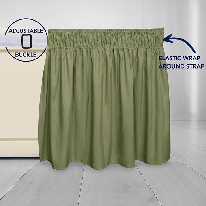 PureFit Wrap Around Ruffled Bed Skirt with Adjustable Elastic Belt - 22 Inch Drop Easy to Put On, Wrinkle Free Bedskirt Dust Ruffles, Bed Frame Cover for Queen, King and C-King Size Beds, Light Green