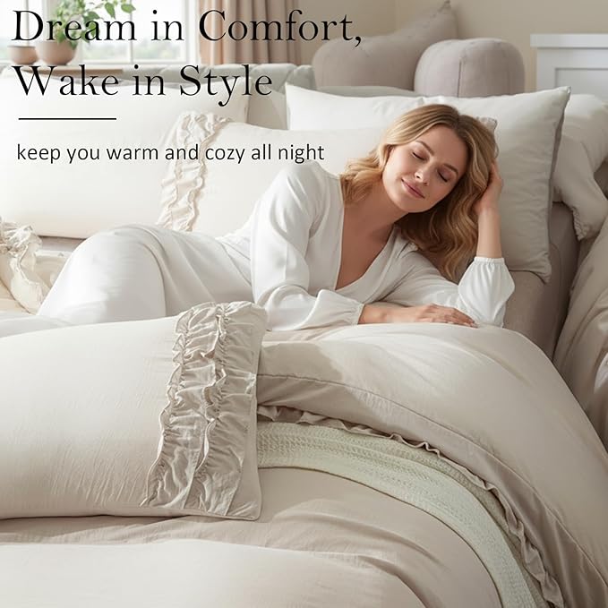 Bedorm Beige Duvet Cover Twin Shabby Chic Bedding Soft Breathable Washed Microfiber Ruffle Duvet Cover Coquette Cute Comforter Cover Girls Women